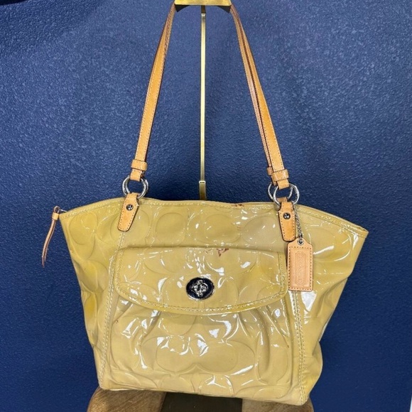 Coach Handbags - Coach Yellow Patent Leather Shoulder Tote with Tan Straps